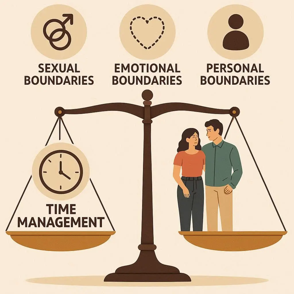 A balanced scale illustration showing a couple setting sexual, emotional, and personal boundaries in an open relationship, with time management as part of the balance.