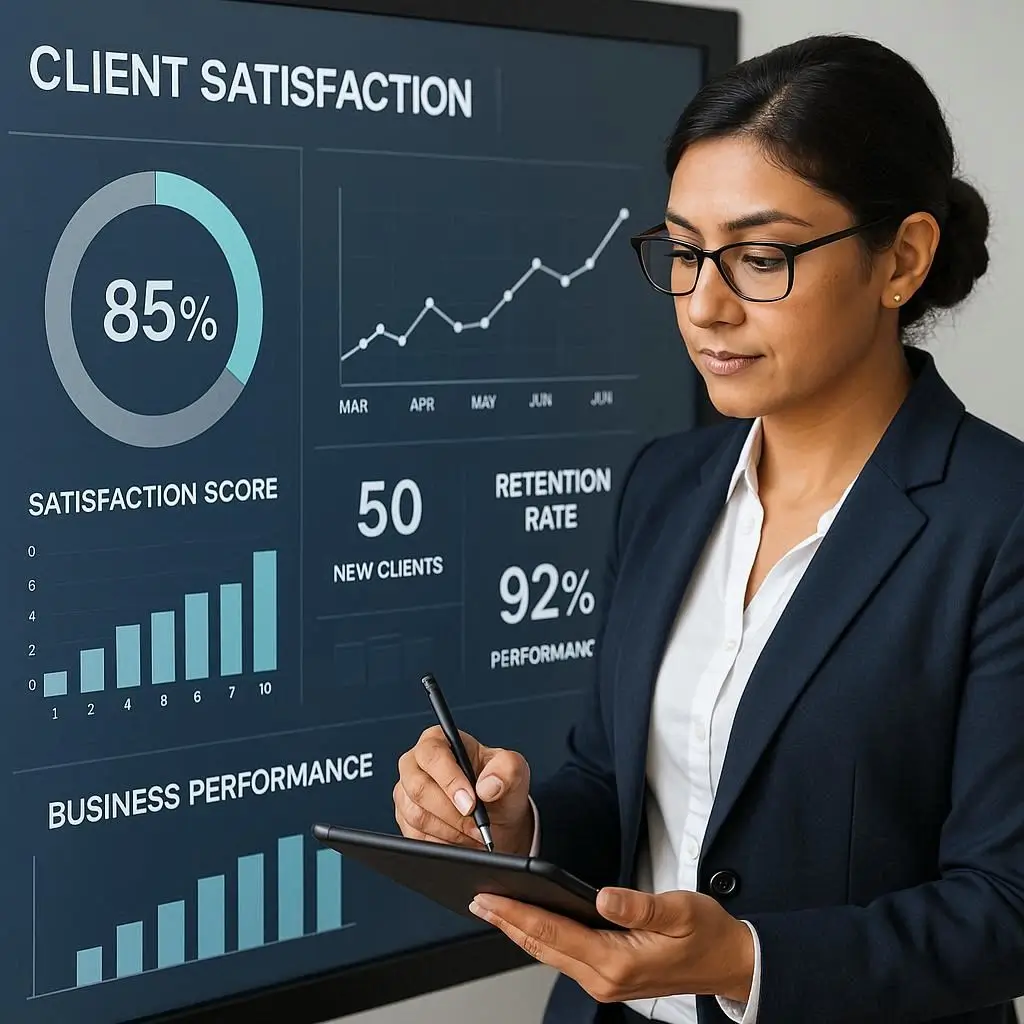 A Client Relationship Partner analyzing client satisfaction metrics and business performance indicators on a digital dashboard.