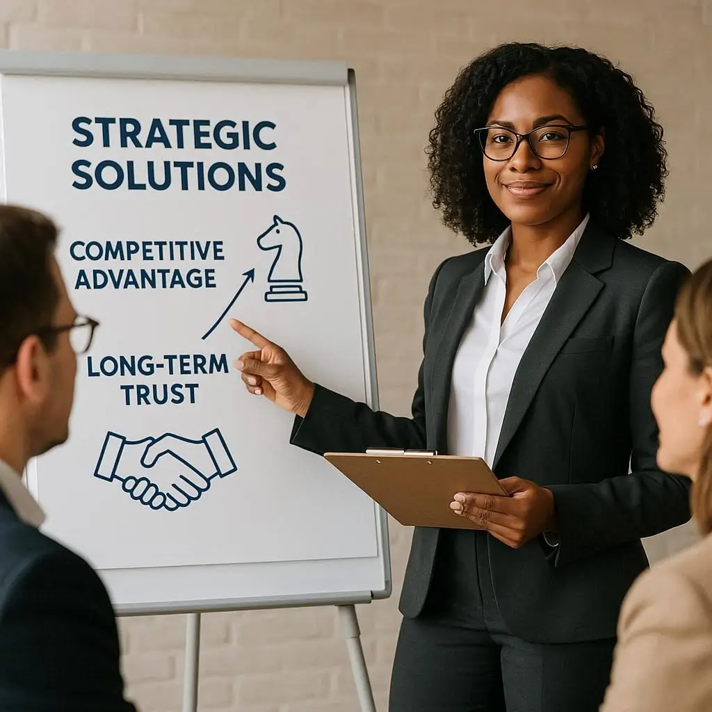 A confident Client Relationship Partner presenting strategic solutions to clients, symbolizing competitive advantage and long-term trust.