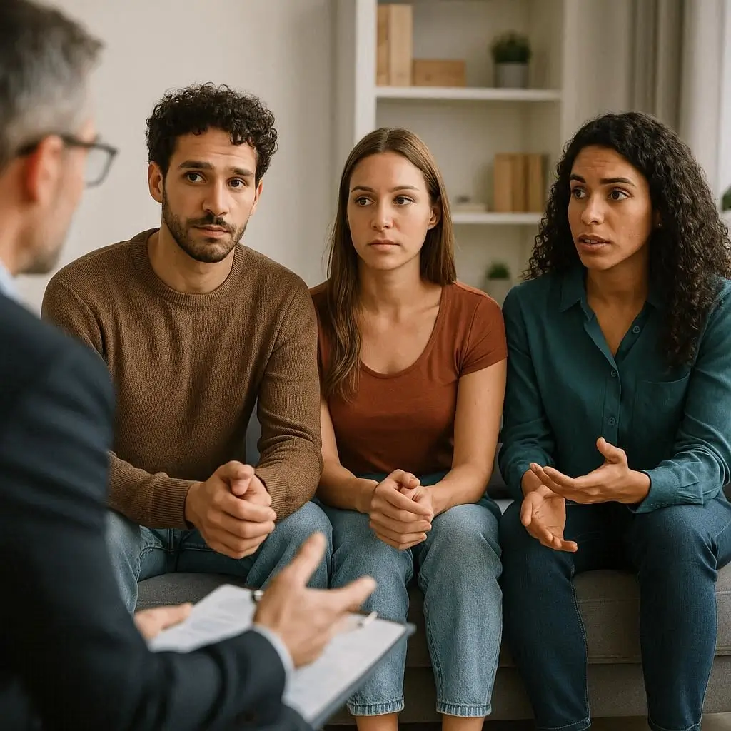 a-couple-in-an-open-relationship-sitting-on-a-couch-during-therapy-with-the-therapist-guiding-them-through-issues-of-trust-and-communication