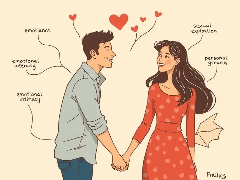 An illustration of a couple smiling and holding hands with branching paths showing emotional intimacy, sexual exploration, and personal growth as benefits of an open relationship.