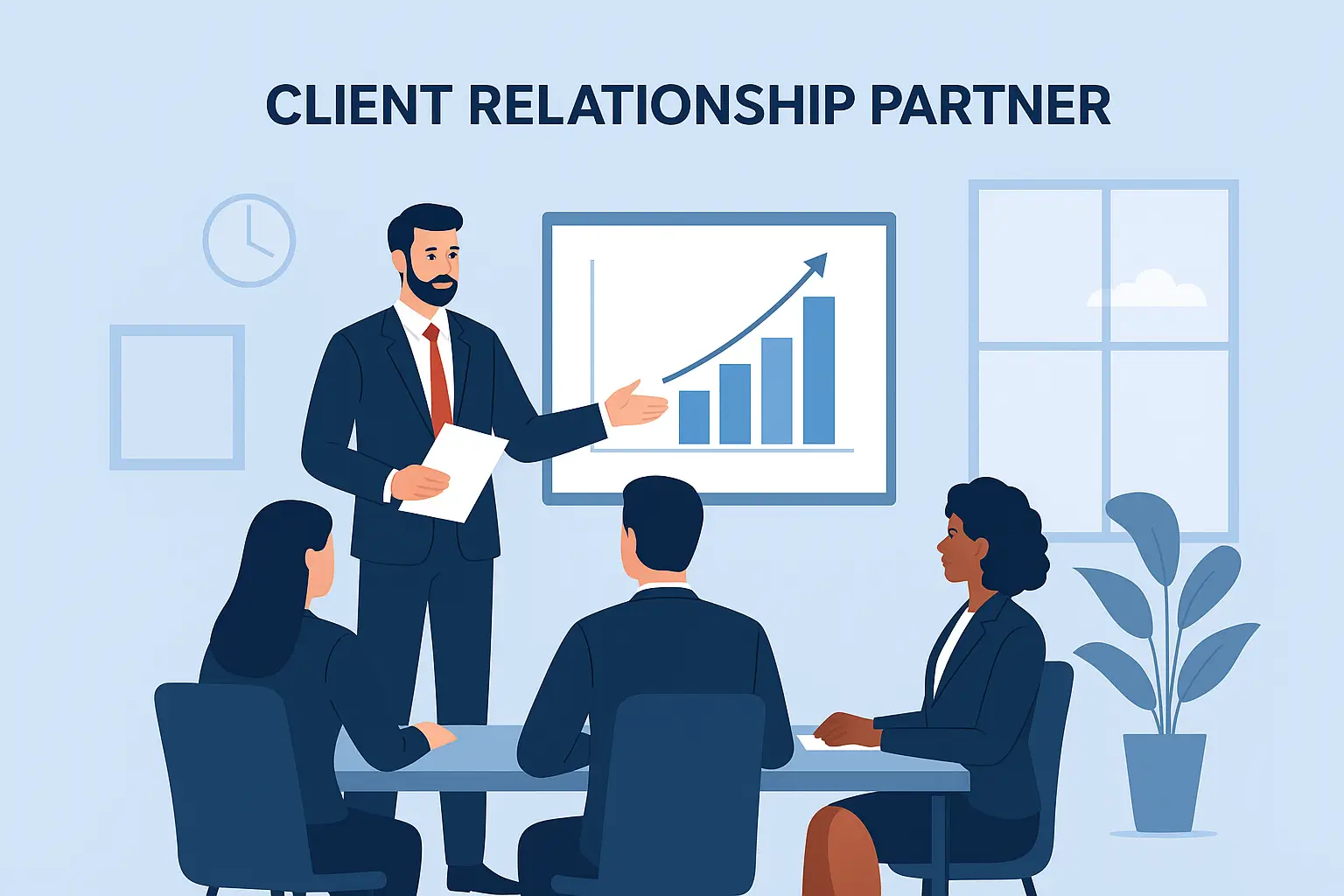 Professional illustration of a Client Relationship Partner meeting with executives, showcasing business growth and client retention strategies.