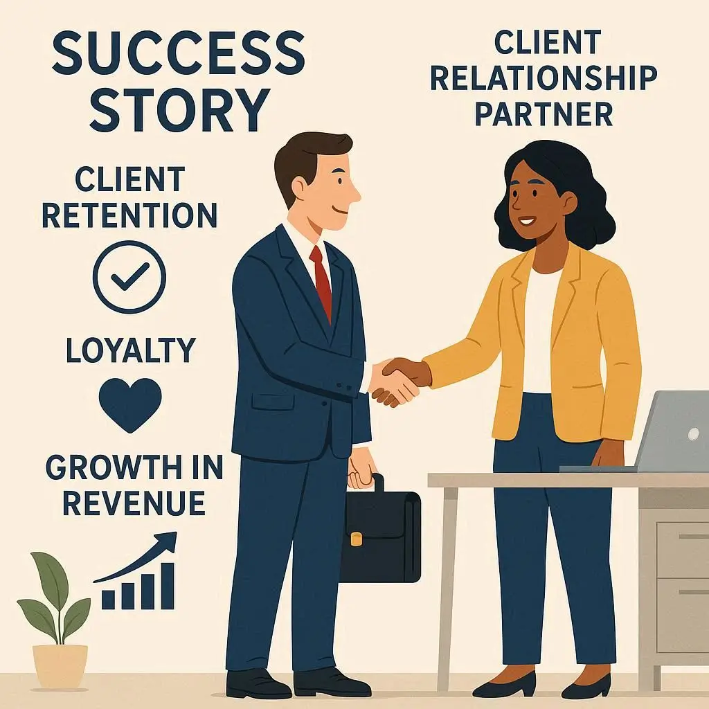 success story visual showing a client relationship partner helping a company achieve client retention loyalty and growth in revenue